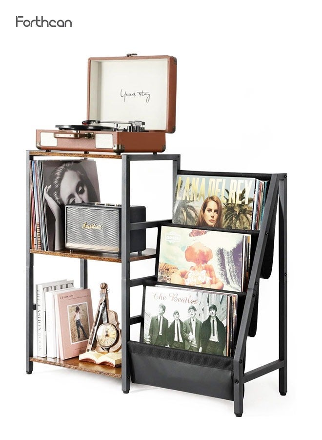 Forthcan Vinyl Record Player Stand with Storage, Metal & Wood LP Record Storage Rack with Side Shelves, Turntable Stand for Vinyl Albums, Books & Living Room Decor - Image 2